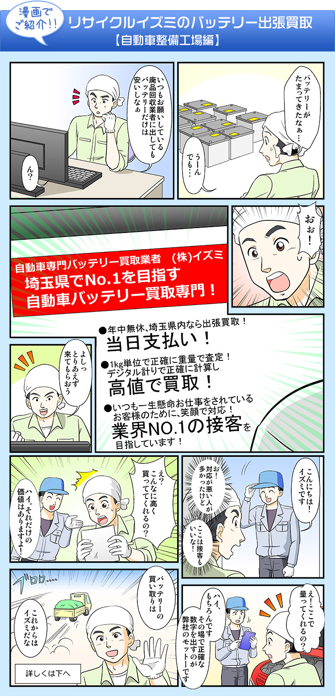 漫画でご紹介!リサイクルイズミのバッテリー買取【自動車整備工場編】